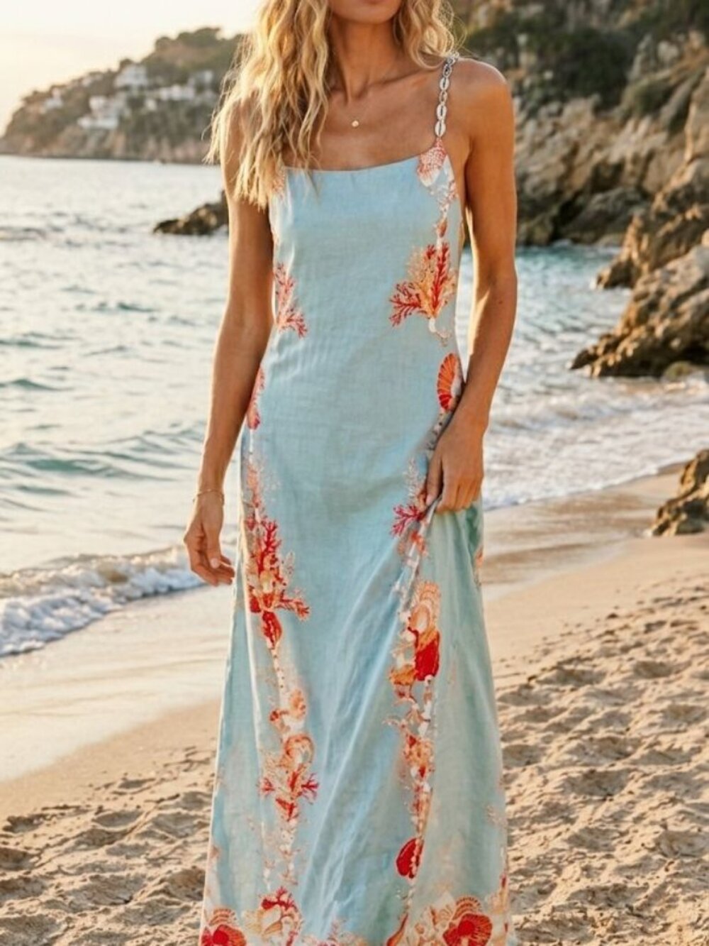 Caroline Constas Bette Coral Shell Linen Maxi Dress Seashell Straps NWT Size L